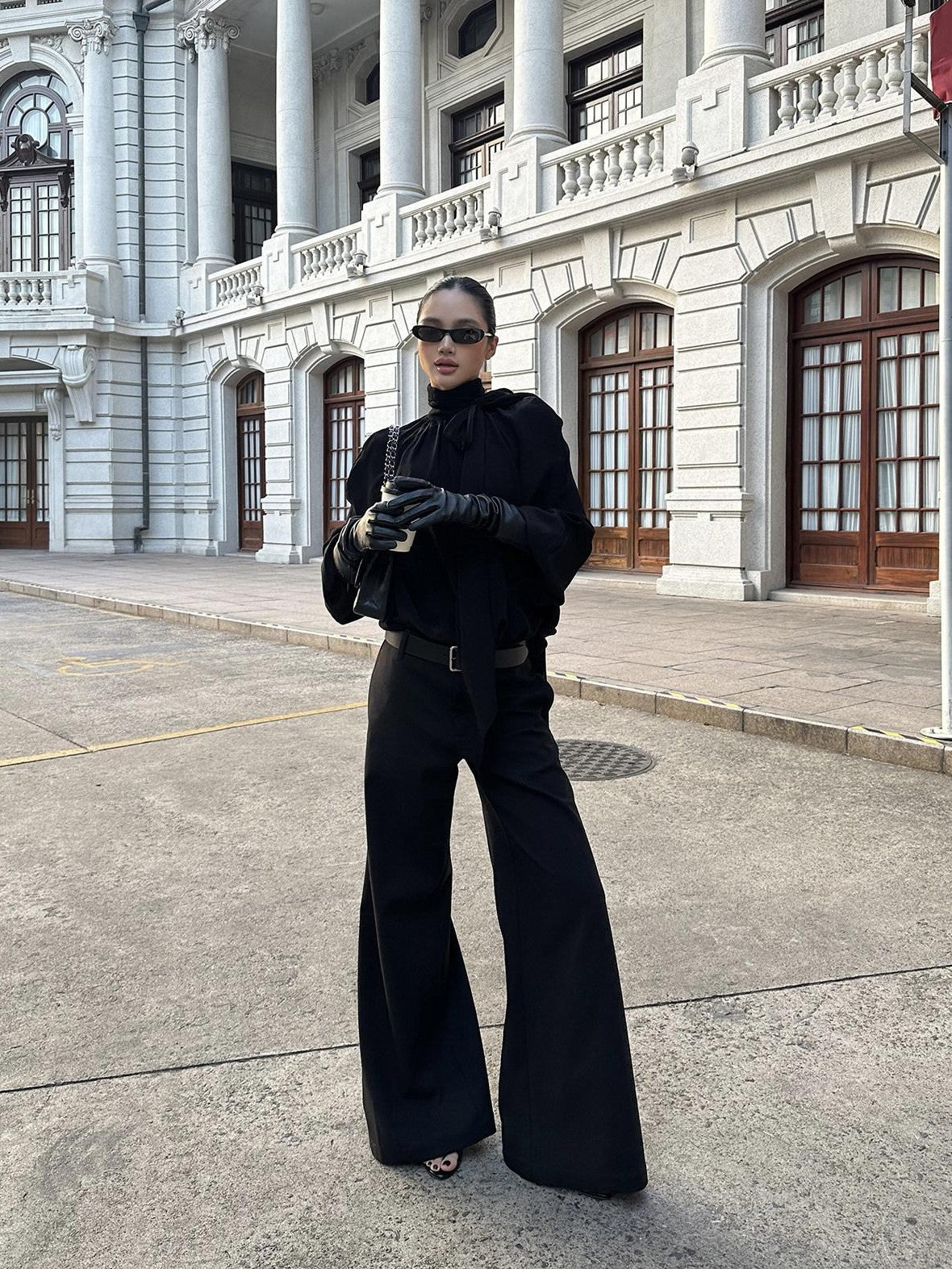 rovente Black Straight Leg Loose Drapey Commuter Casual Women's Wool Palazzo Pants