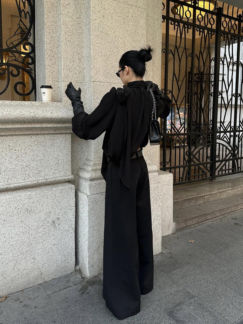 rovente Black Straight Leg Loose Drapey Commuter Casual Women's Wool Palazzo Pants