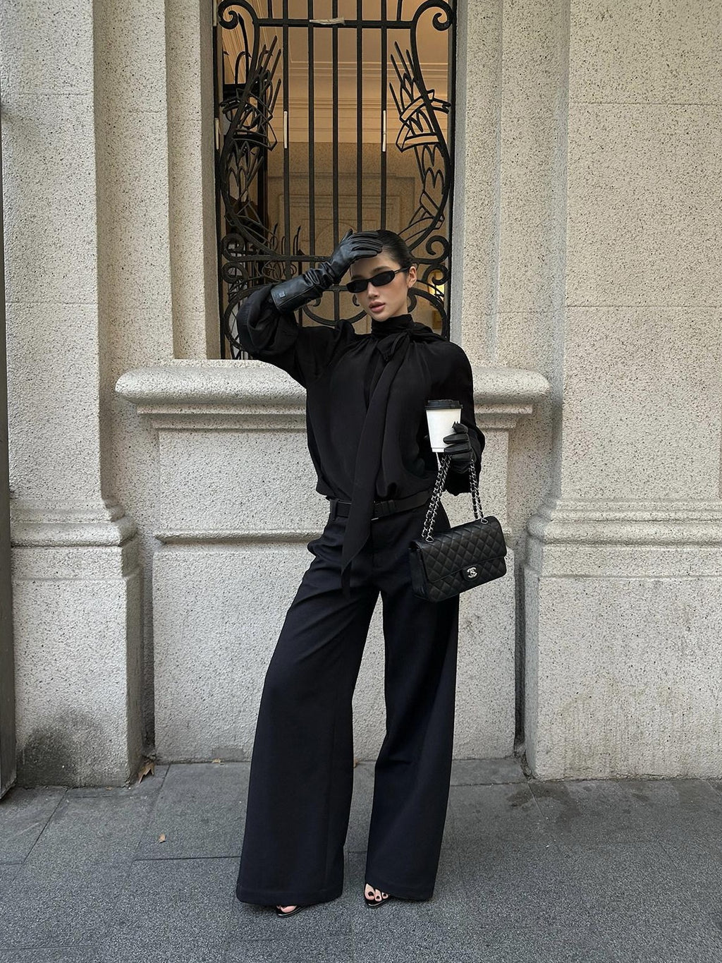 rovente Black Straight Leg Loose Drapey Commuter Casual Women's Wool Palazzo Pants