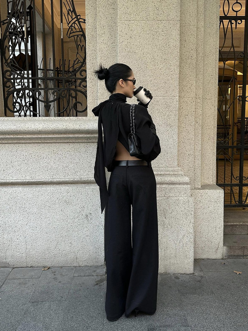 rovente Black Straight Leg Loose Drapey Commuter Casual Women's Wool Palazzo Pants