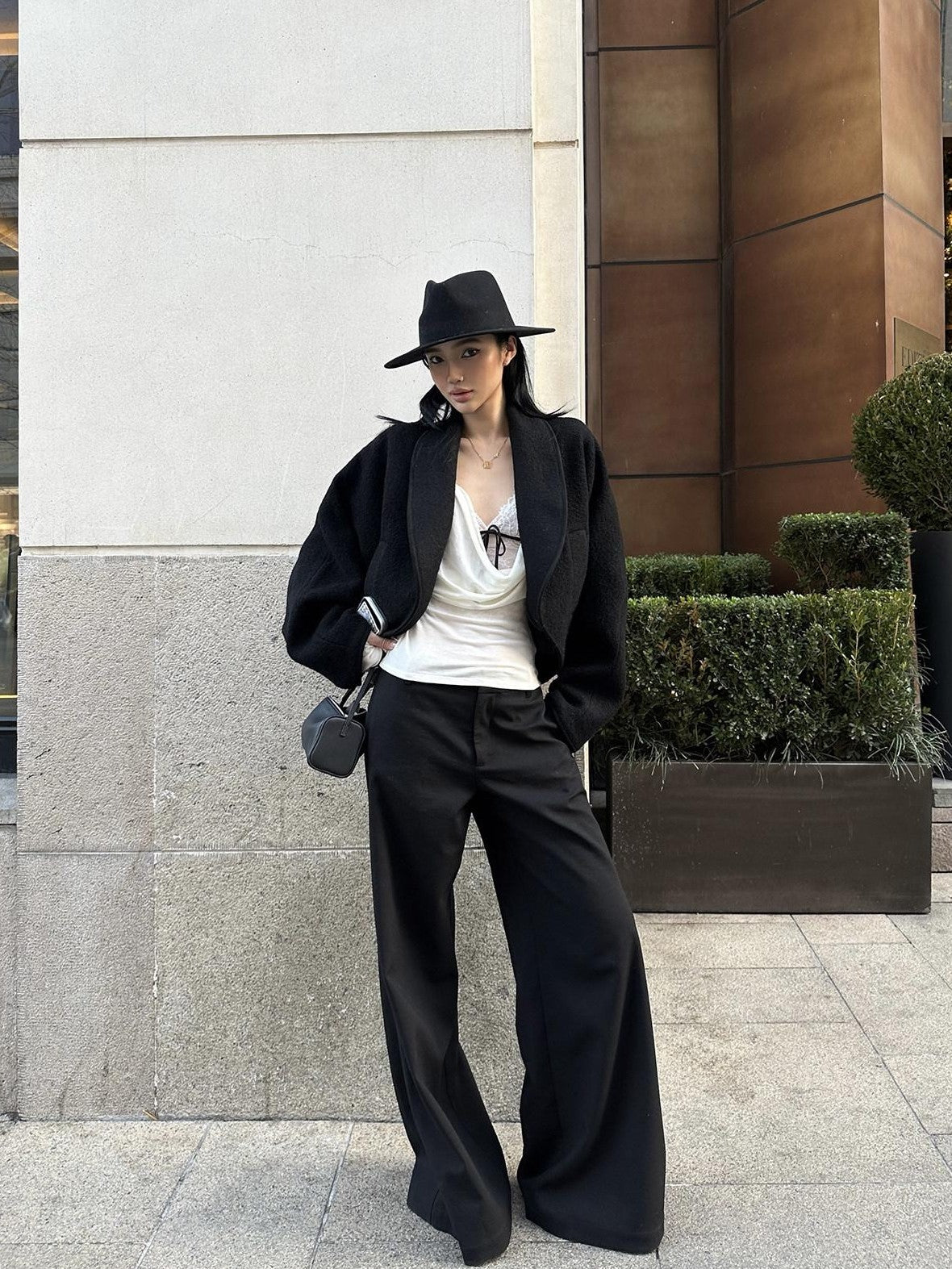 rovente Black Straight Leg Loose Drapey Commuter Casual Women's Wool Palazzo Pants