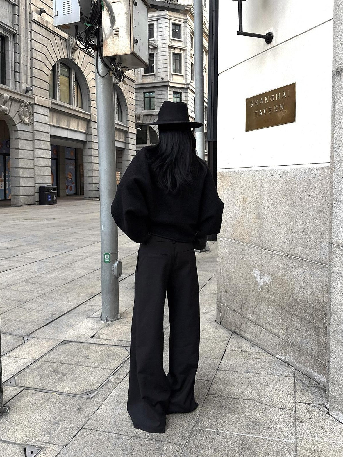 rovente Black Straight Leg Loose Drapey Commuter Casual Women's Wool Palazzo Pants