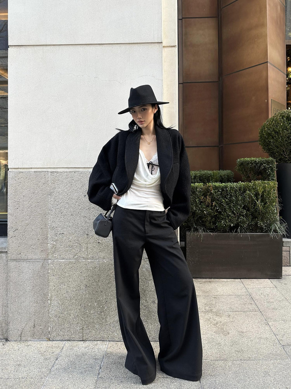 rovente Black Straight Leg Loose Drapey Commuter Casual Women's Wool Palazzo Pants