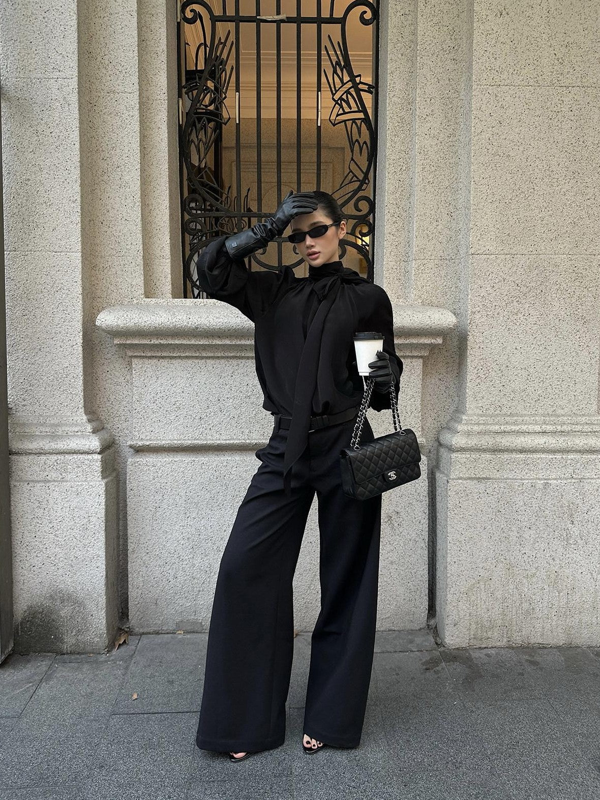 rovente Black Straight Leg Loose Drapey Commuter Casual Women's Wool Palazzo Pants