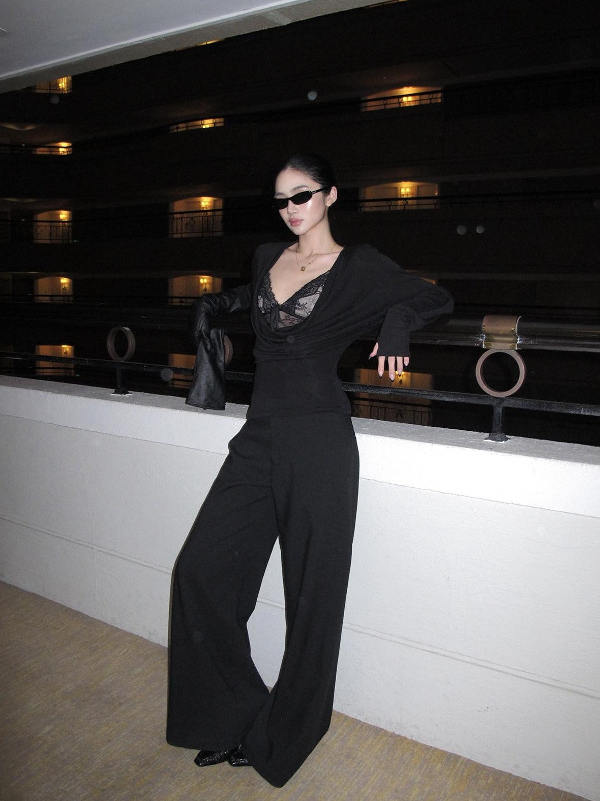 rovente Black Straight Leg Loose Drapey Commuter Casual Women's Wool Palazzo Pants