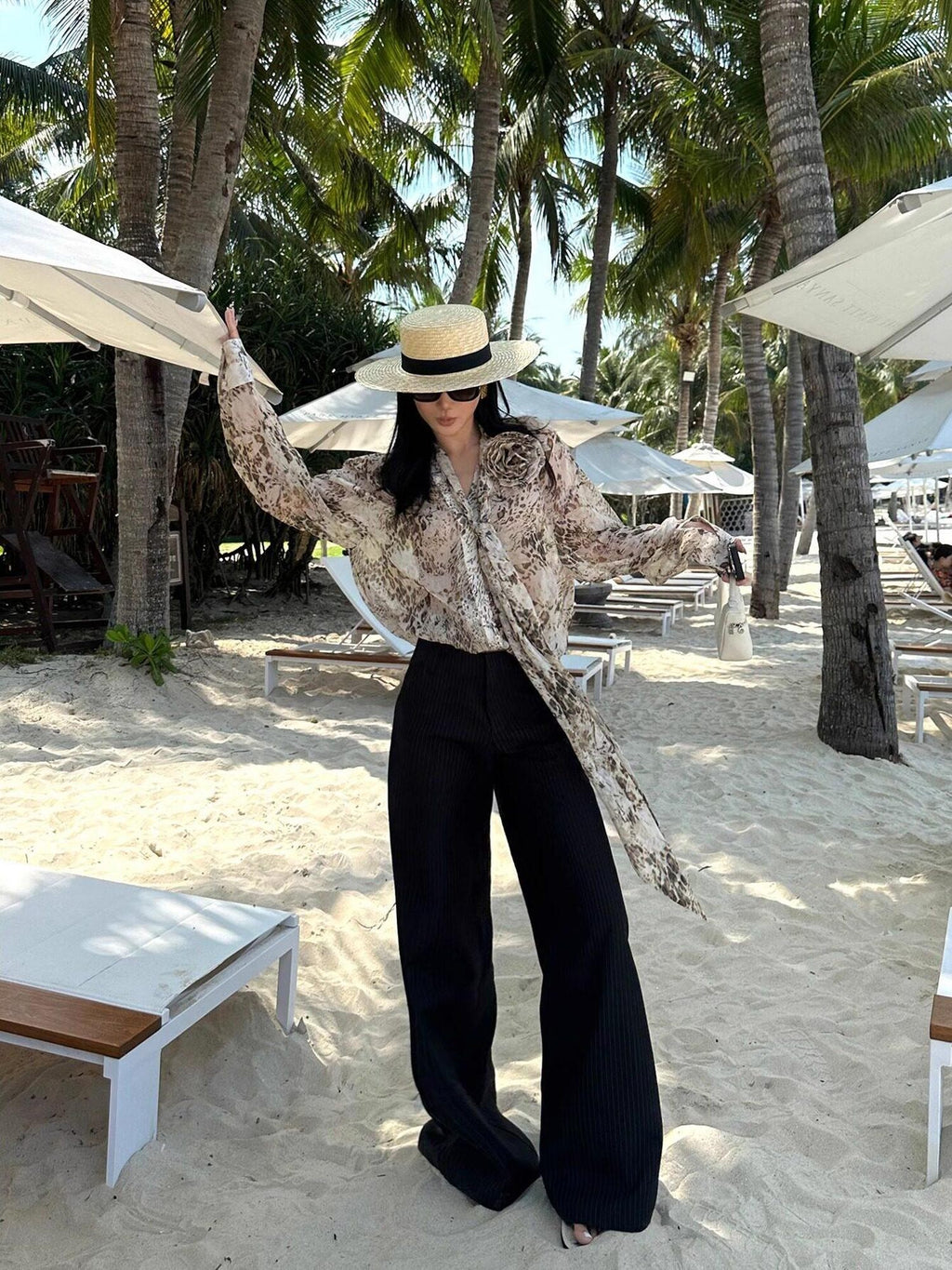 rovente Black Striped Wide Straight Leg Women's Polyester Tailored Pants