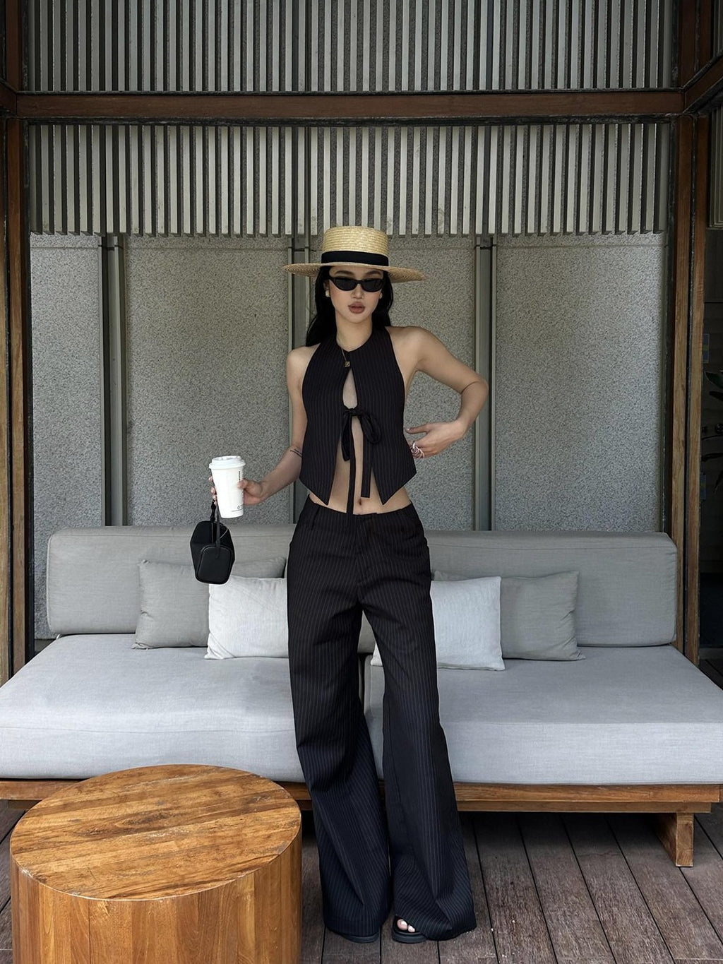 rovente Black Striped Wide Straight Leg Women's Polyester Tailored Pants