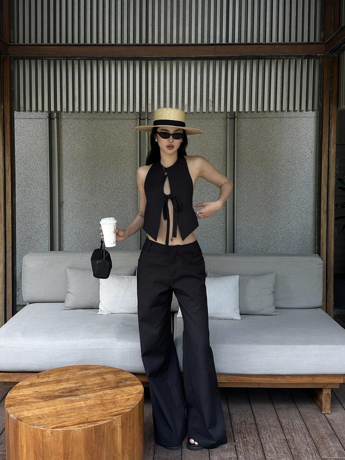 rovente Black Striped Wide Straight Leg Women's Polyester Tailored Pants