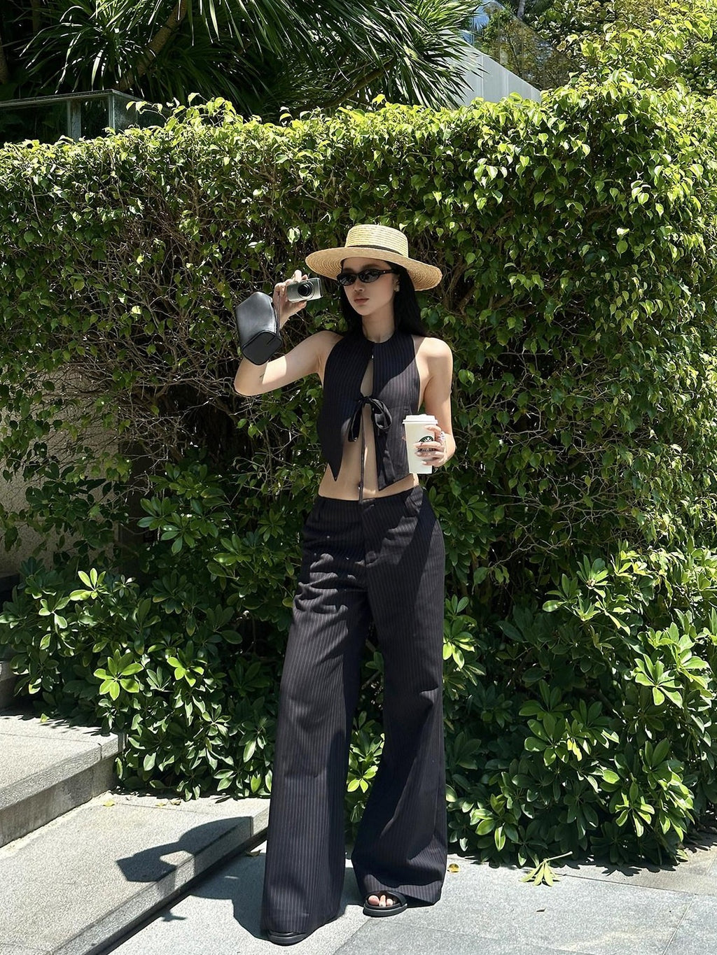 rovente Black Striped Wide Straight Leg Women's Polyester Tailored Pants