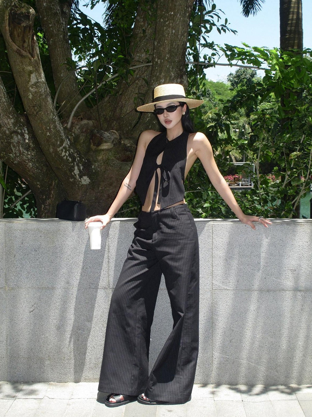 rovente Black Striped Wide Straight Leg Women's Polyester Tailored Pants