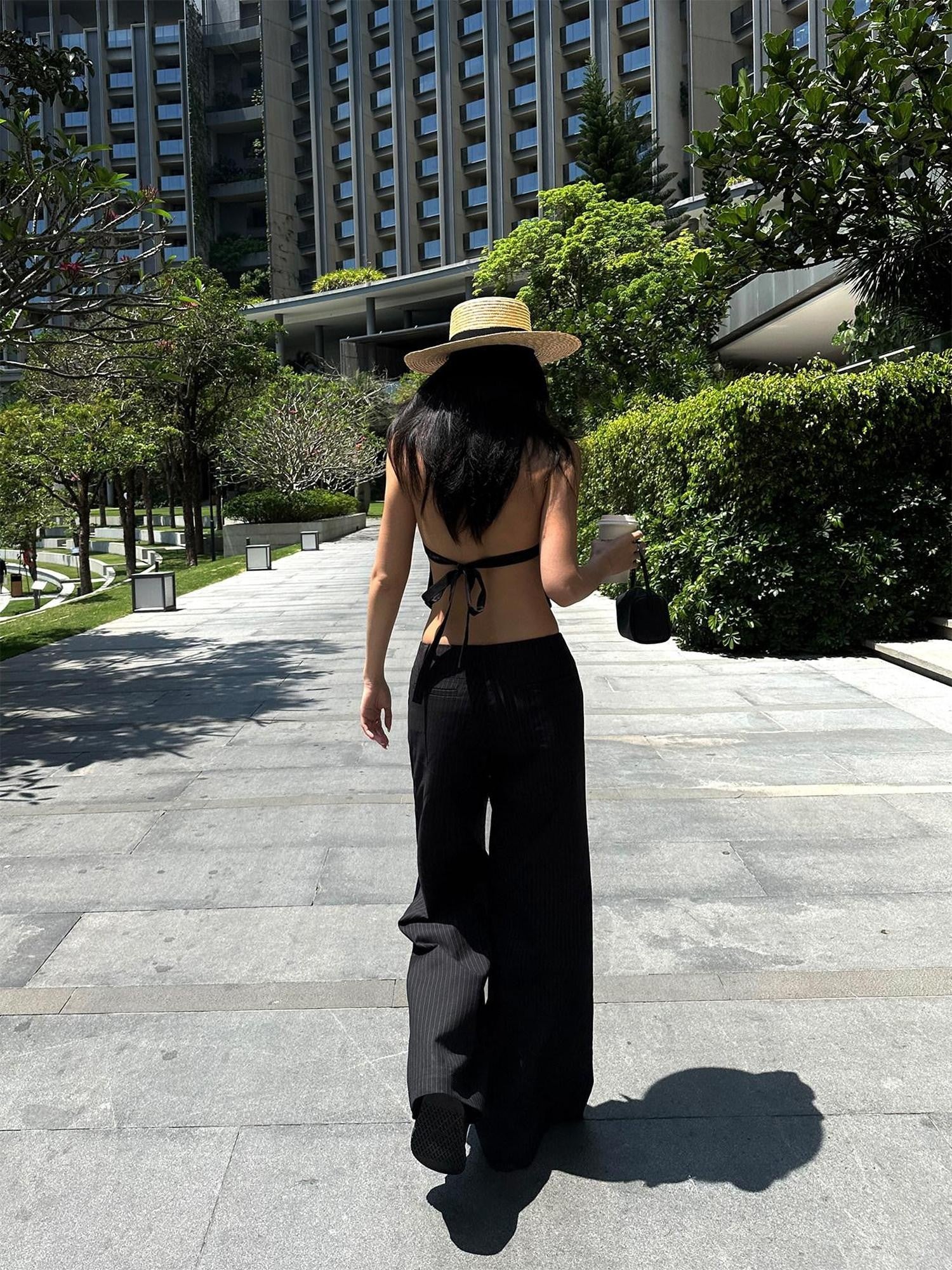 rovente Black Striped Wide Straight Leg Women's Polyester Tailored Pants