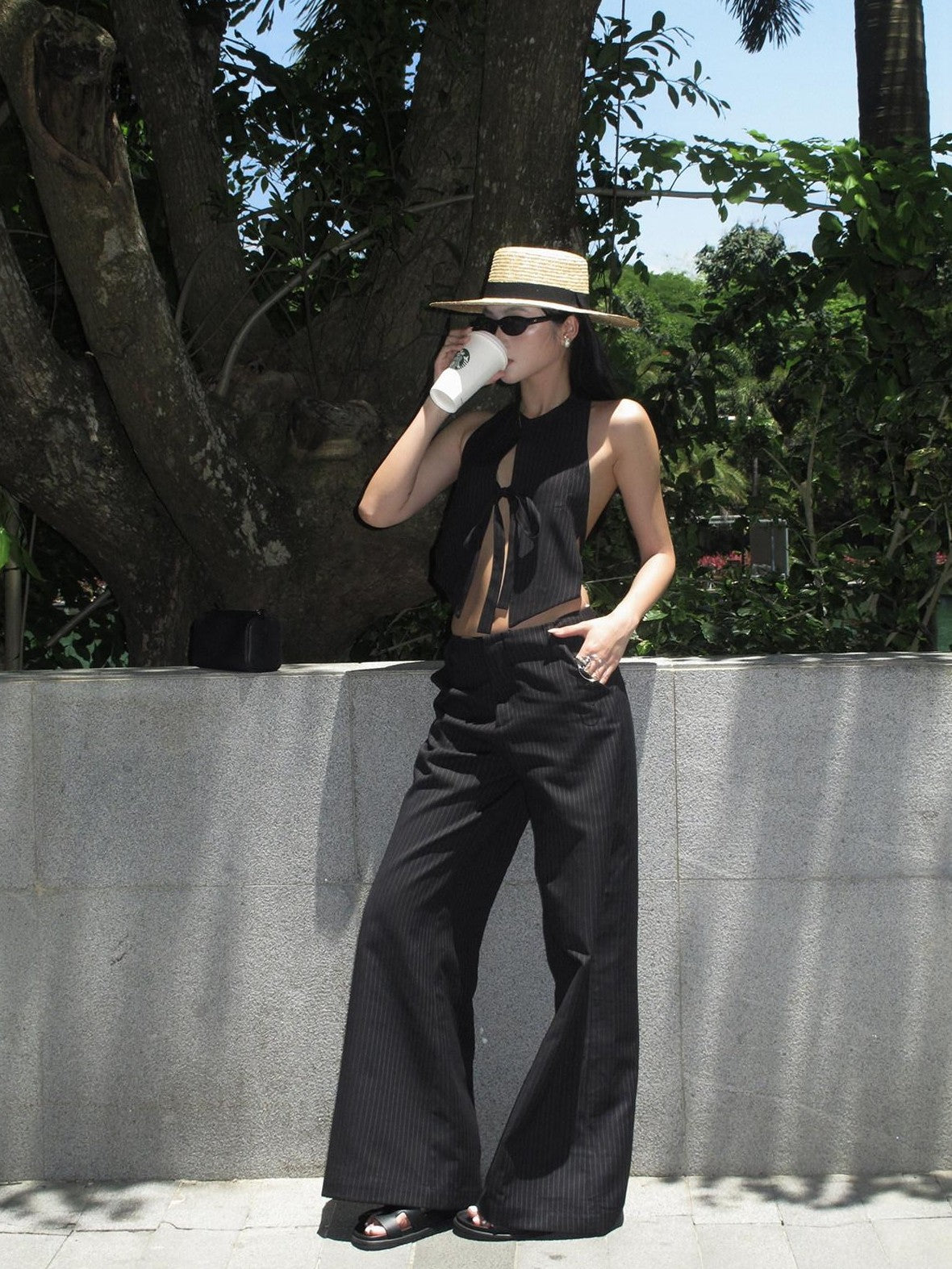 rovente Black Striped Wide Straight Leg Women's Polyester Tailored Pants