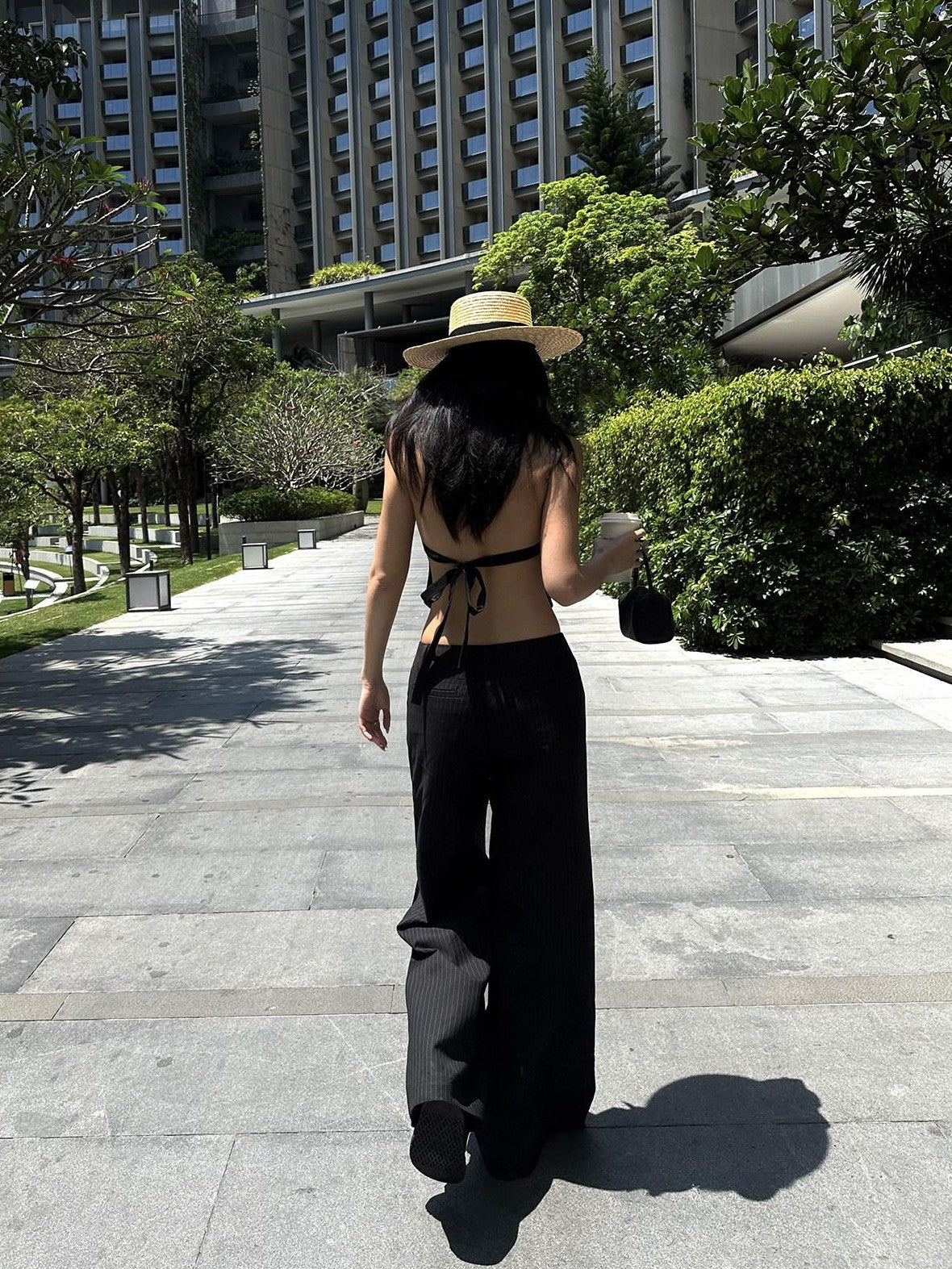 rovente Black Striped Wide Straight Leg Women's Polyester Tailored Pants