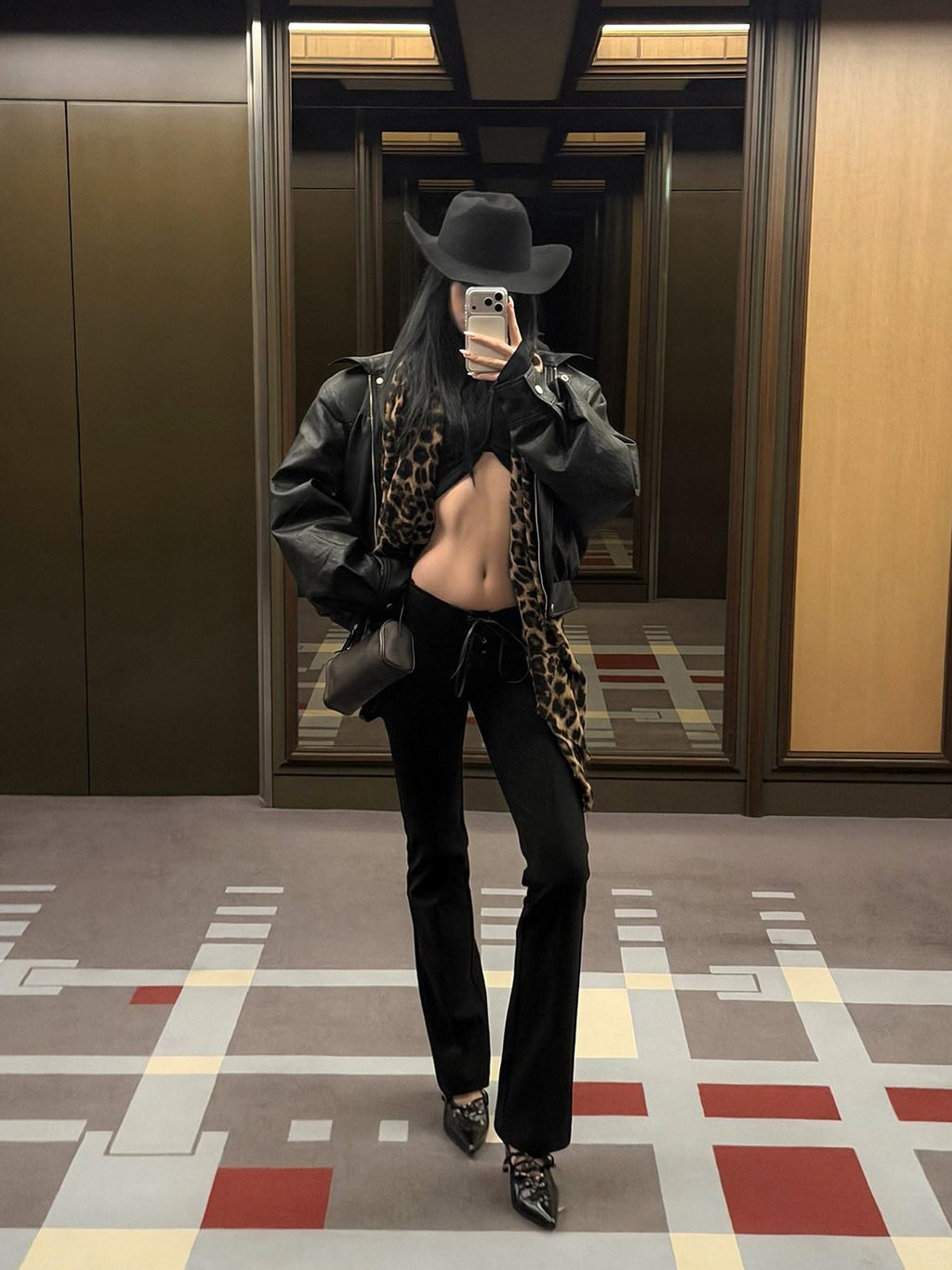 rovente Black Suede 3d Drawstring Slim Low Waist Women's Bootcut Pants
