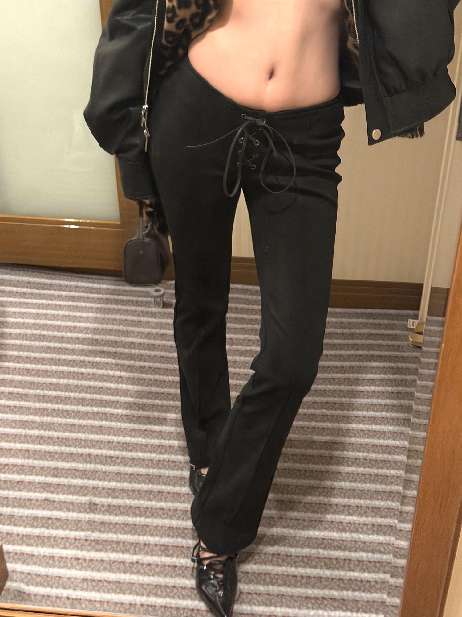 rovente Black Suede 3d Drawstring Slim Low Waist Women's Bootcut Pants