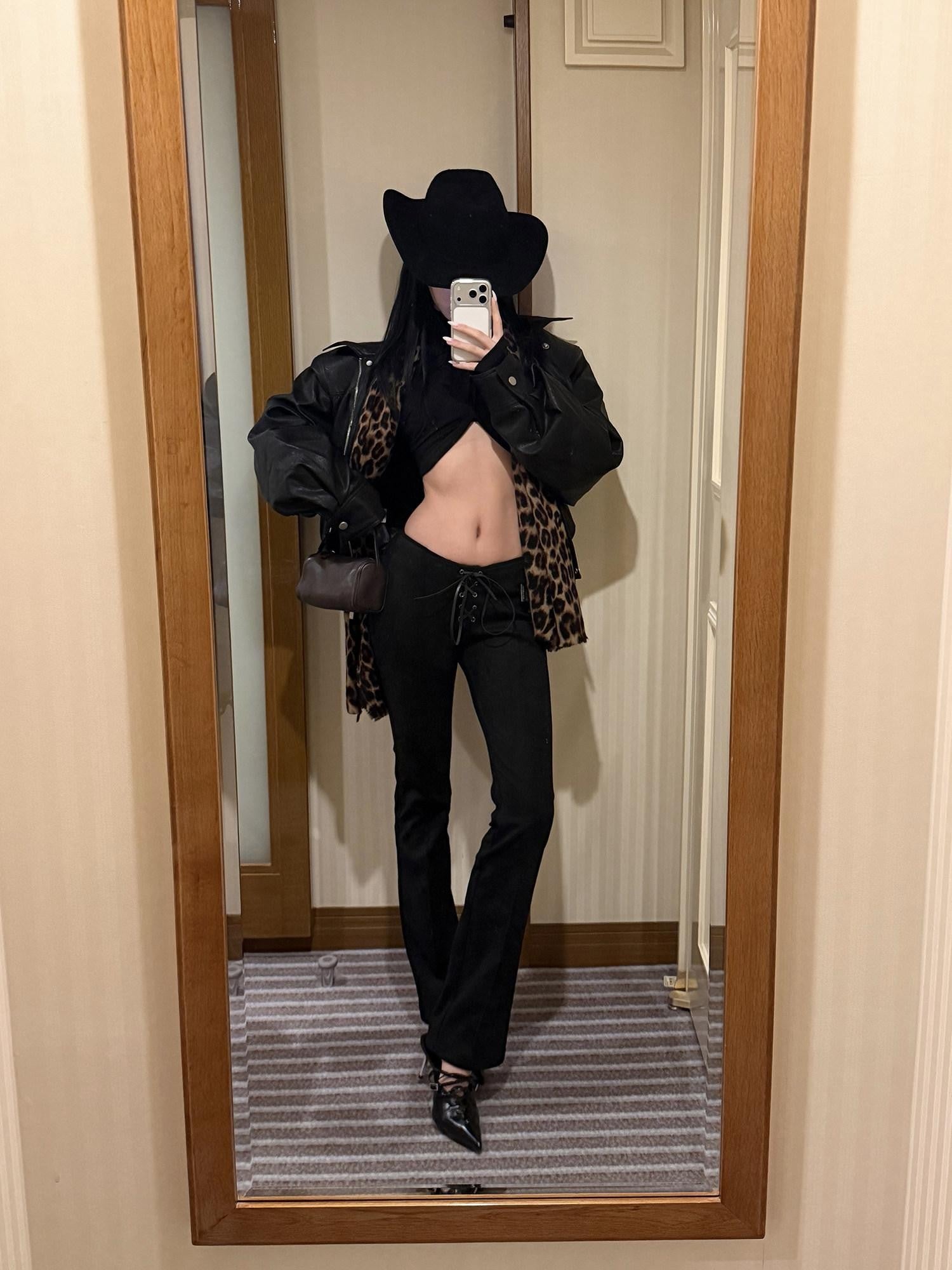 rovente Black Suede 3d Drawstring Slim Low Waist Women's Bootcut Pants