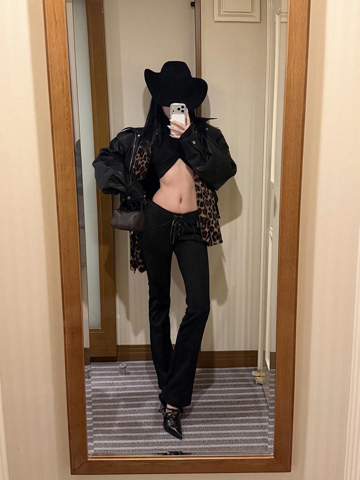 rovente Black Suede 3d Drawstring Slim Low Waist Women's Bootcut Pants