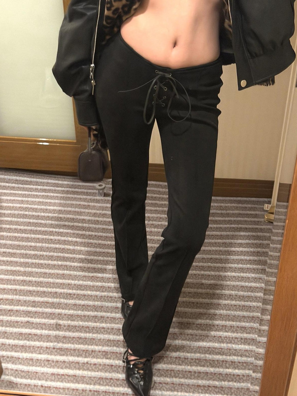 rovente Black Suede 3d Drawstring Slim Low Waist Women's Bootcut Pants