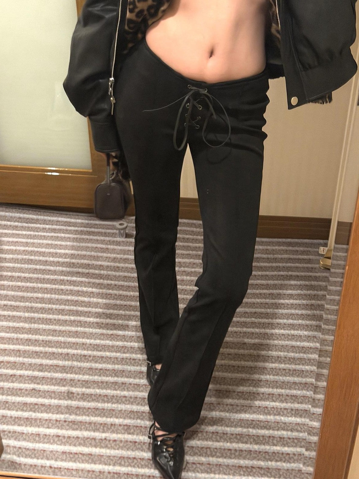 rovente Black Suede 3d Drawstring Slim Low Waist Women's Bootcut Pants