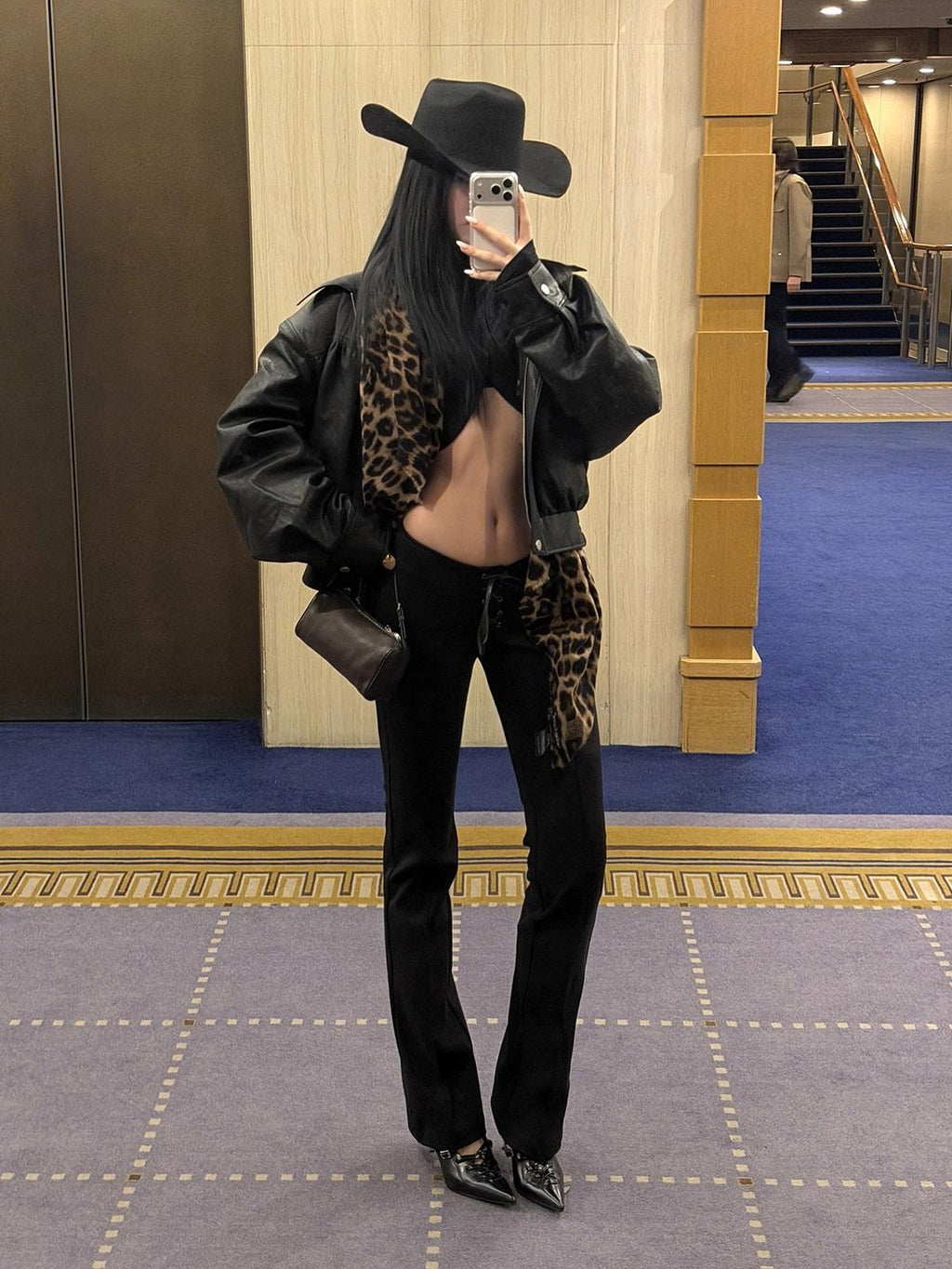 rovente Black Suede 3d Drawstring Slim Low Waist Women's Bootcut Pants