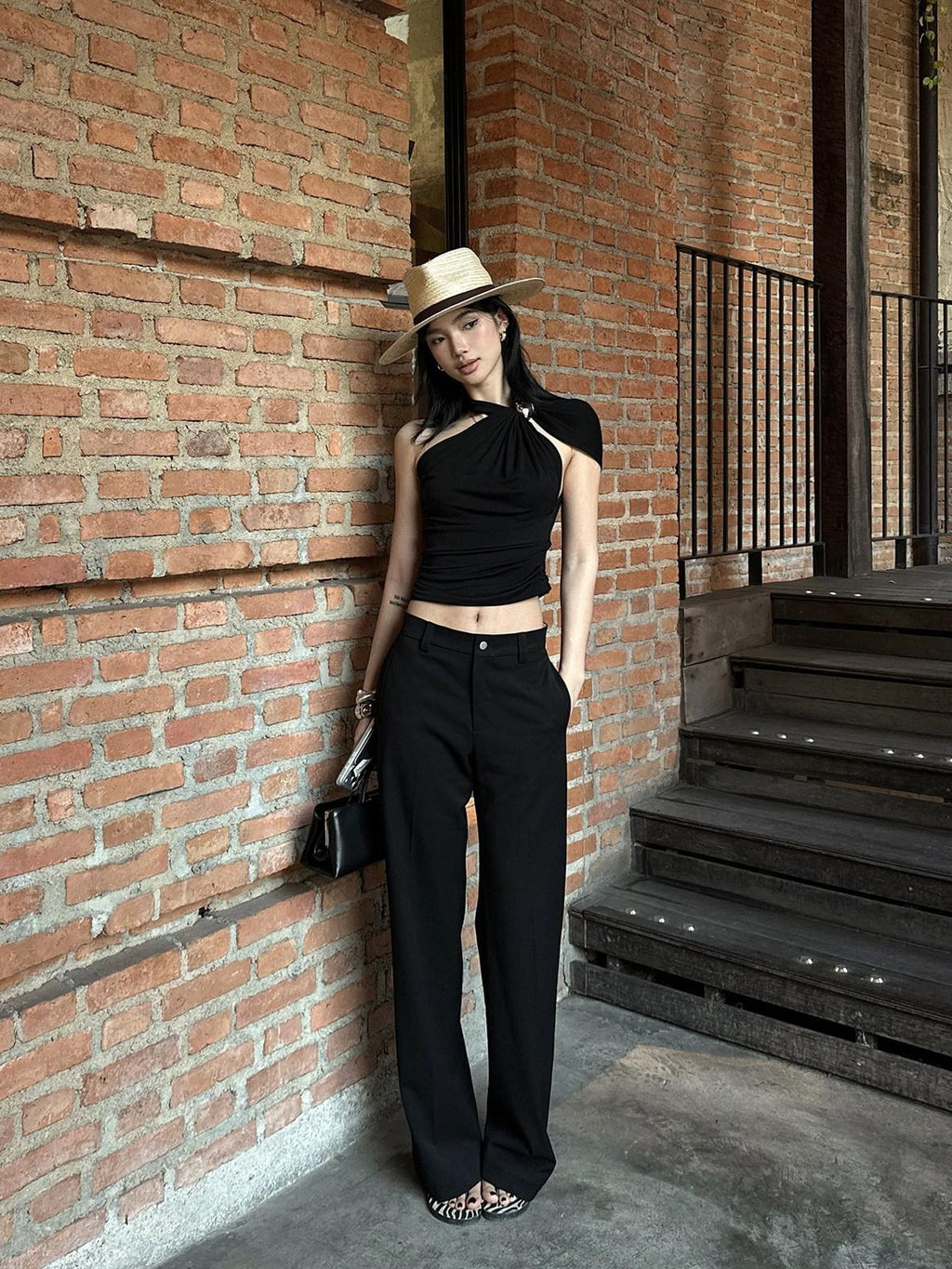 rovente Black Tailored Woven Zip Pocket Women's Polyester Blend Straight-leg Pants