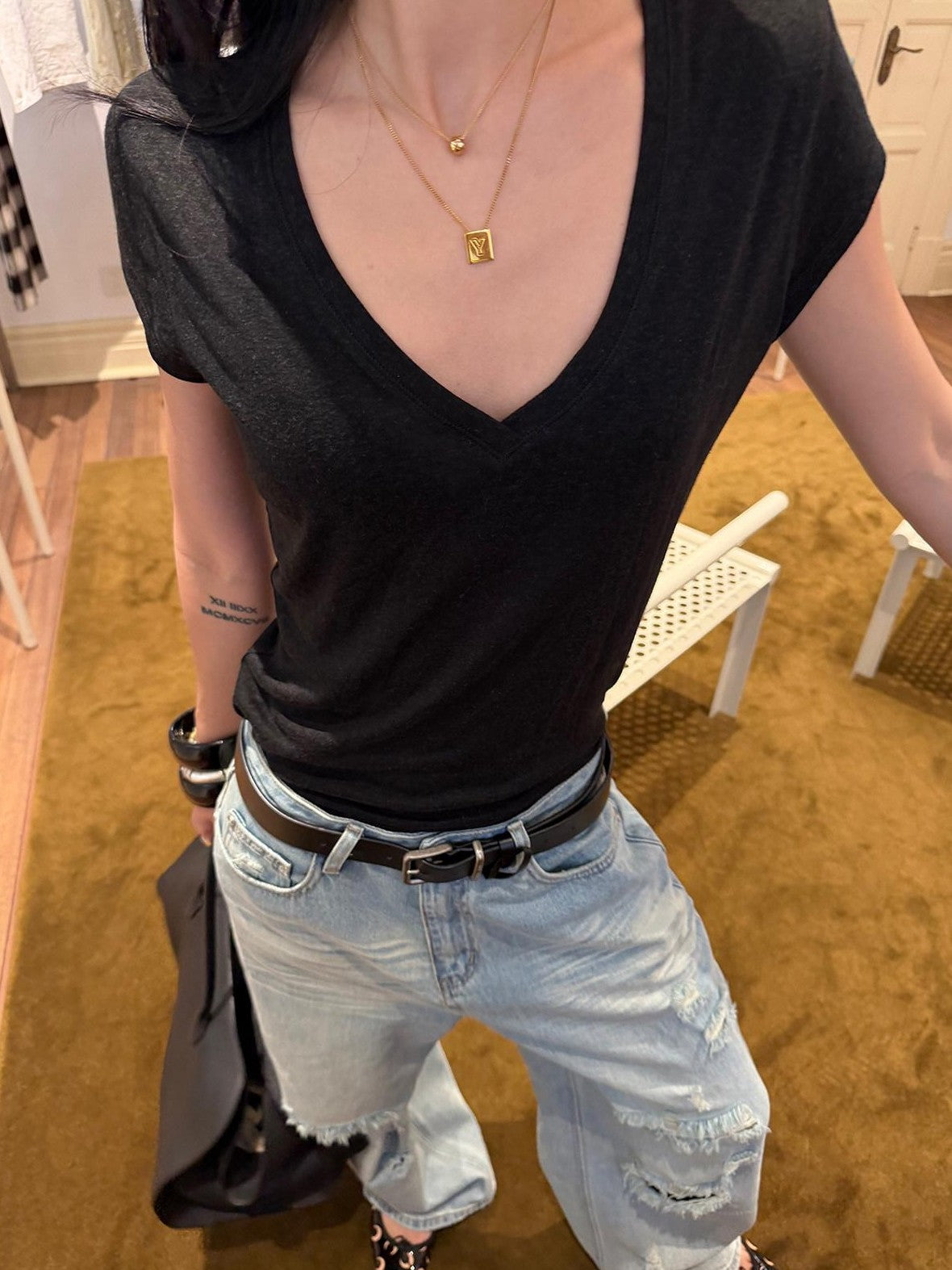 rovente Black V-neck Breathable Casual Loose Women's Linen Short Sleeve T-shirts