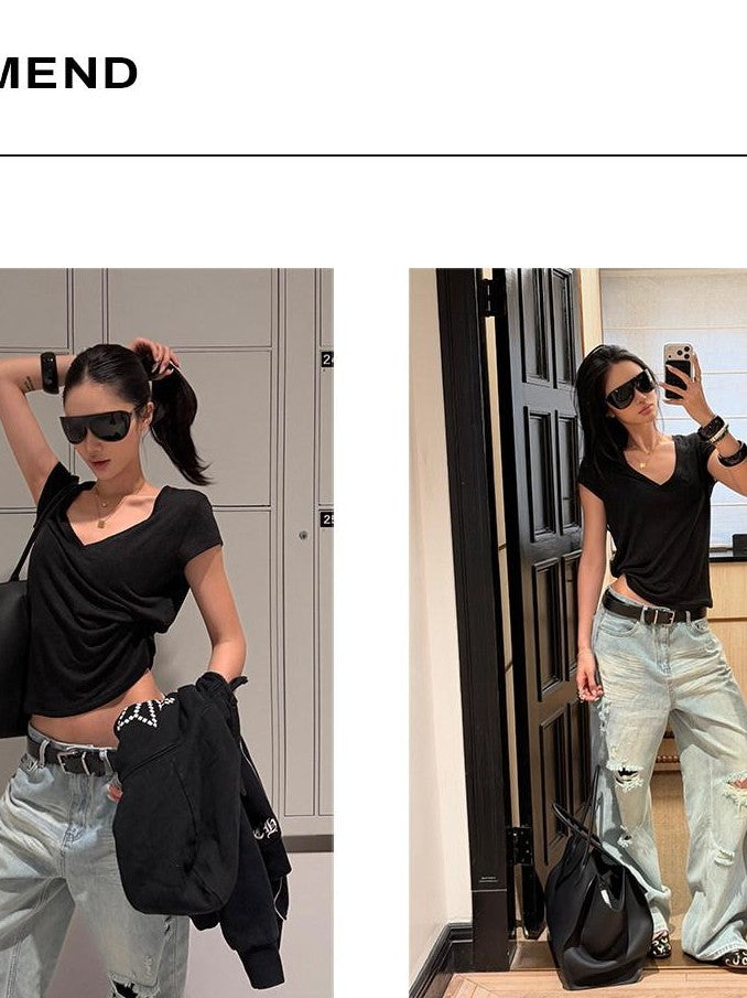 rovente Black V-neck Breathable Casual Loose Women's Linen Short Sleeve T-shirts