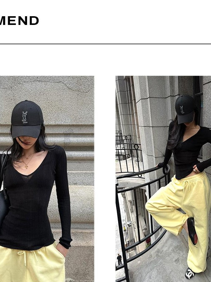 rovente Black V-neck Ribbed Knit Slim Fit Solid Women's Cotton Long Sleeve T-shirts