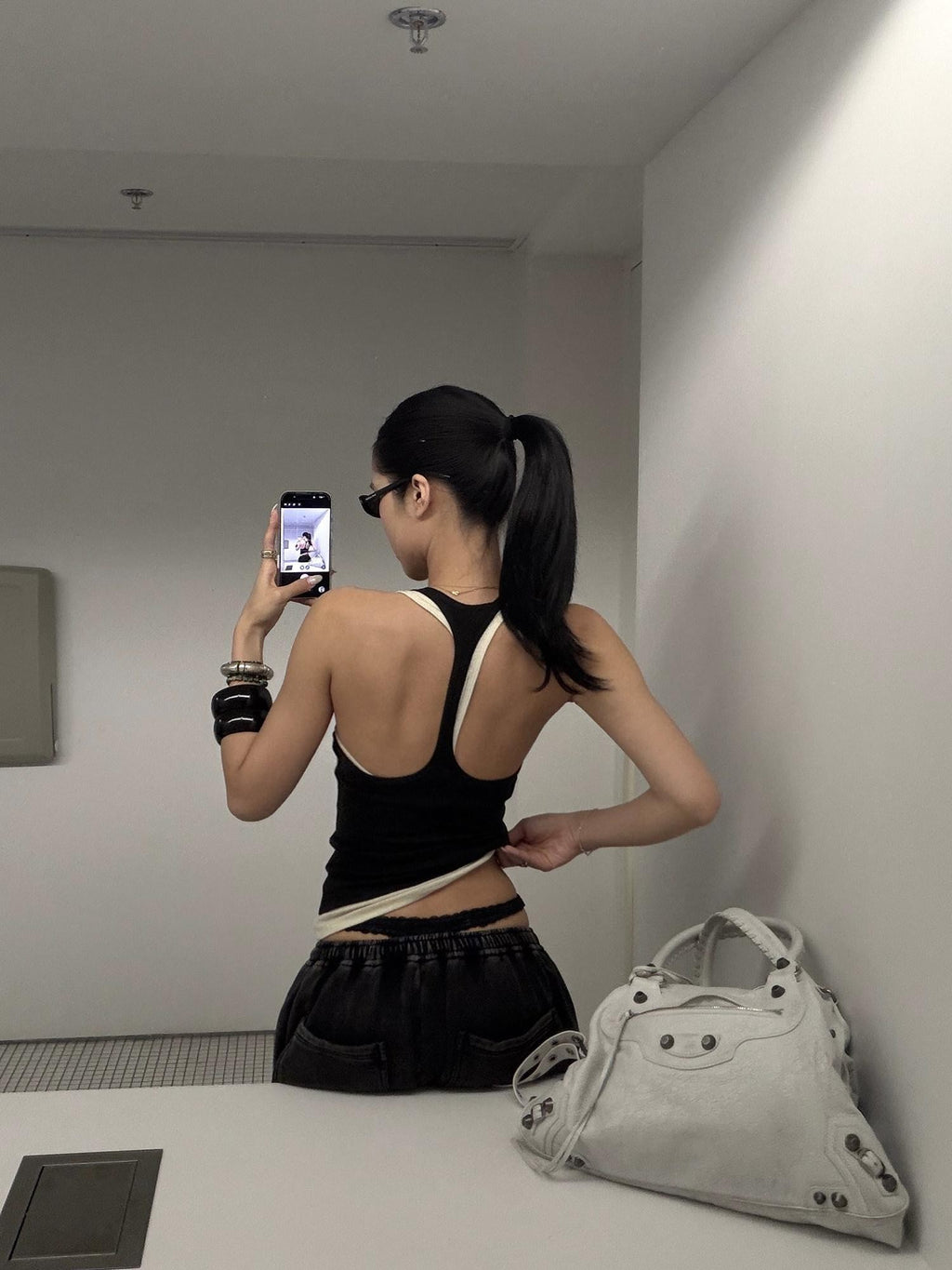rovente Black White Colorblock Two Piece Fitted Women's Linen Halter Tops