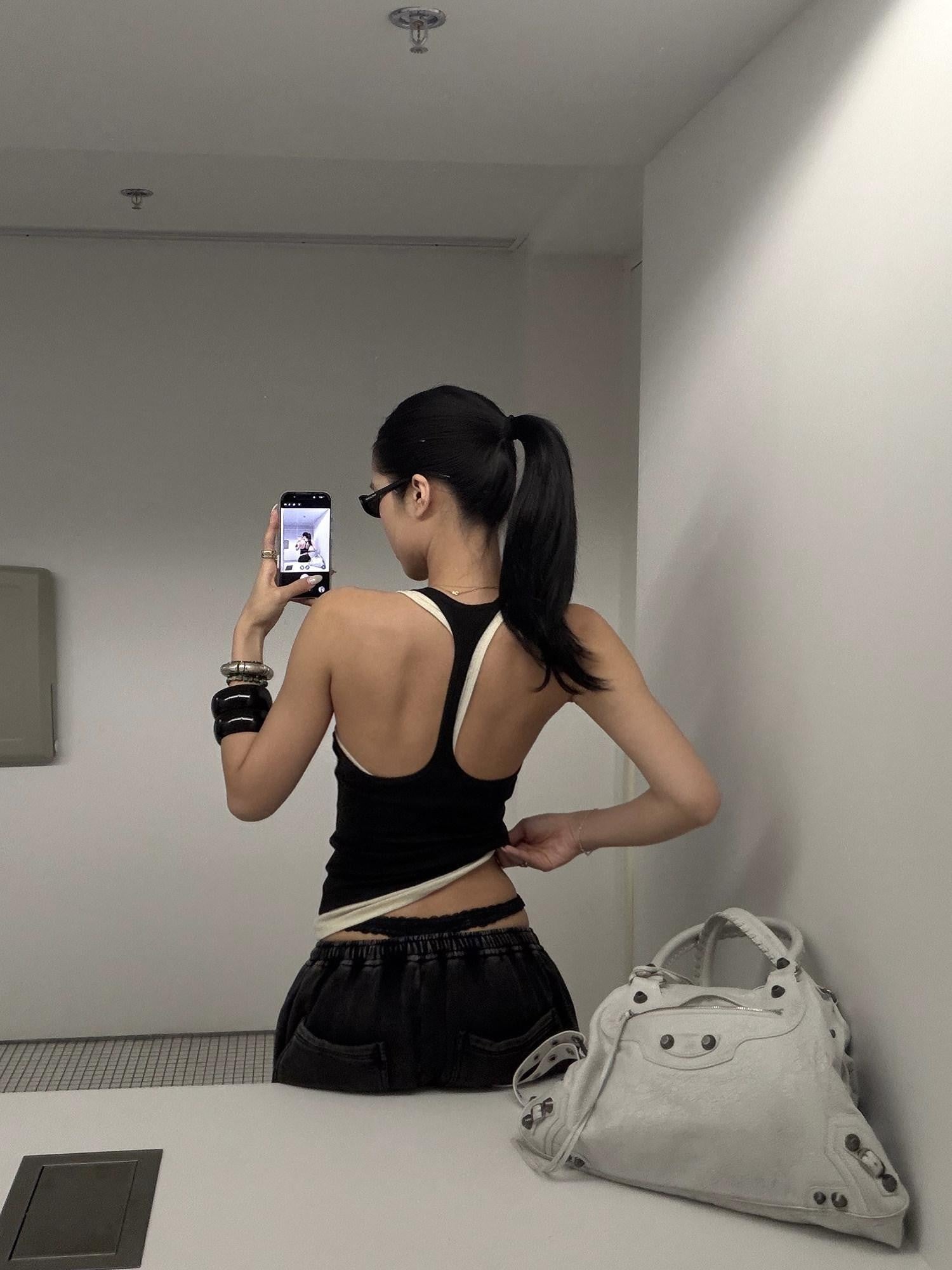 rovente Black White Colorblock Two Piece Fitted Women's Linen Halter Tops