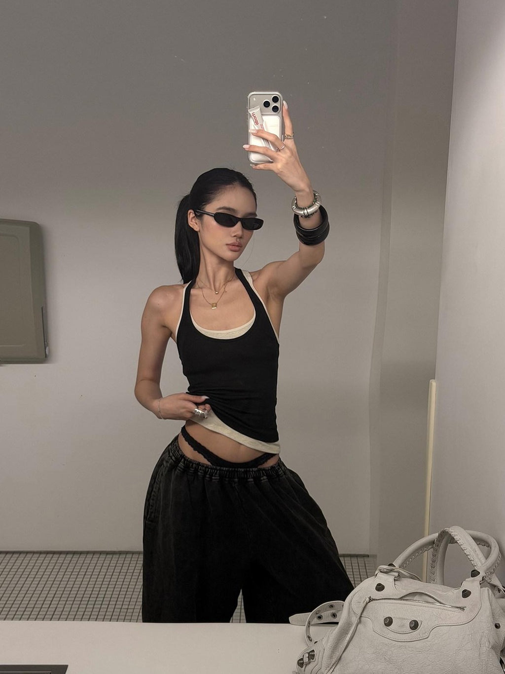 rovente Black White Colorblock Two Piece Fitted Women's Linen Halter Tops