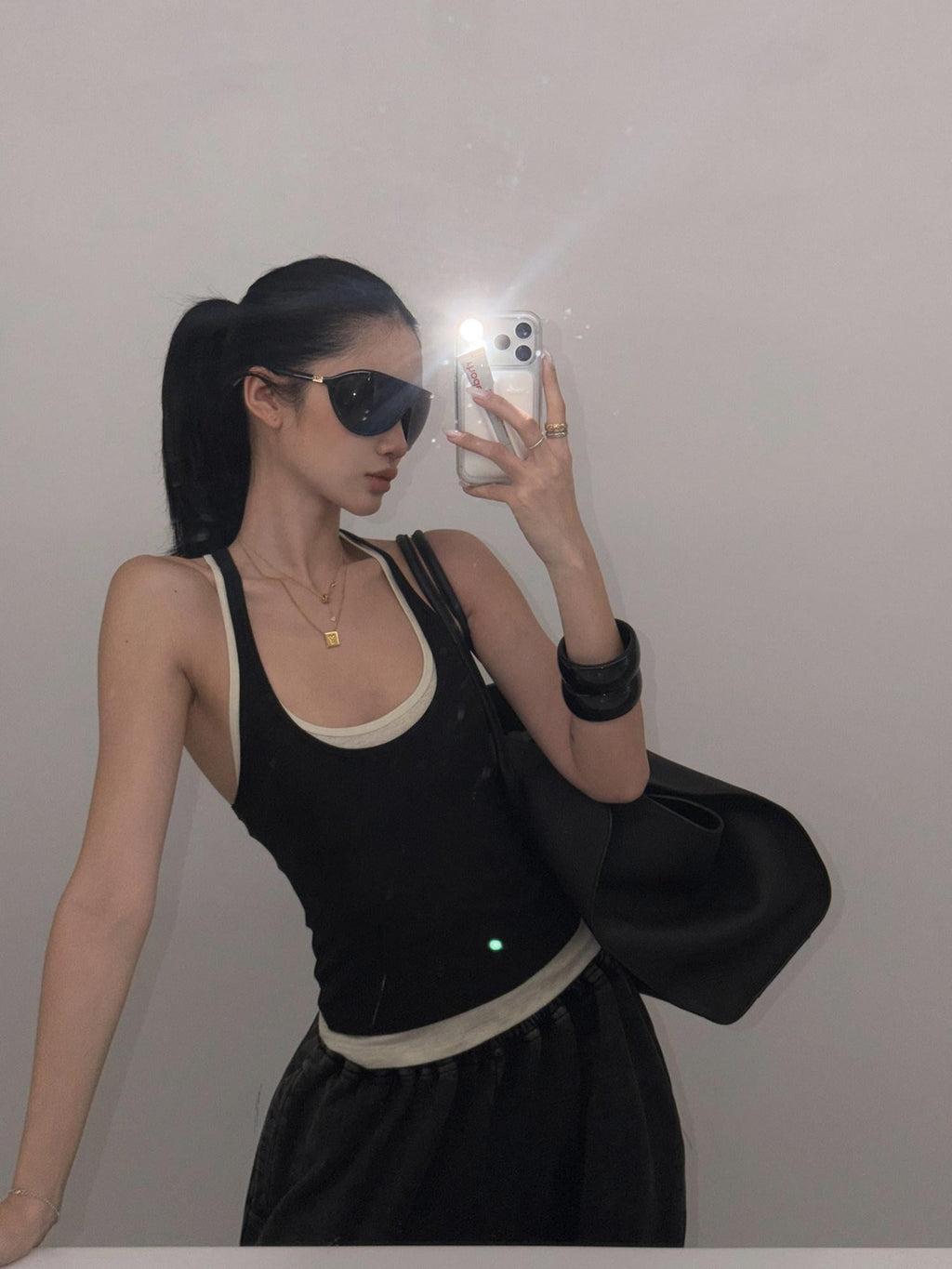 rovente Black White Colorblock Two Piece Fitted Women's Linen Halter Tops