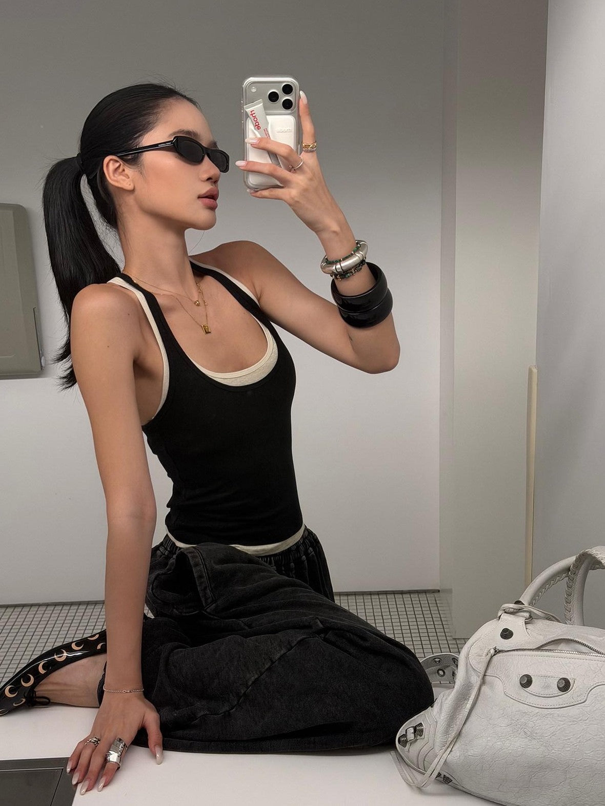 rovente Black White Colorblock Two Piece Fitted Women's Linen Halter Tops