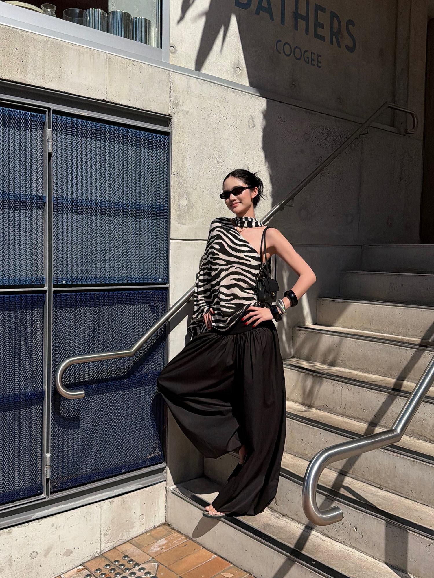 rovente Black White Zebra One Shoulder Cape Contrast Loose Women's Viscose Tunic Blouses