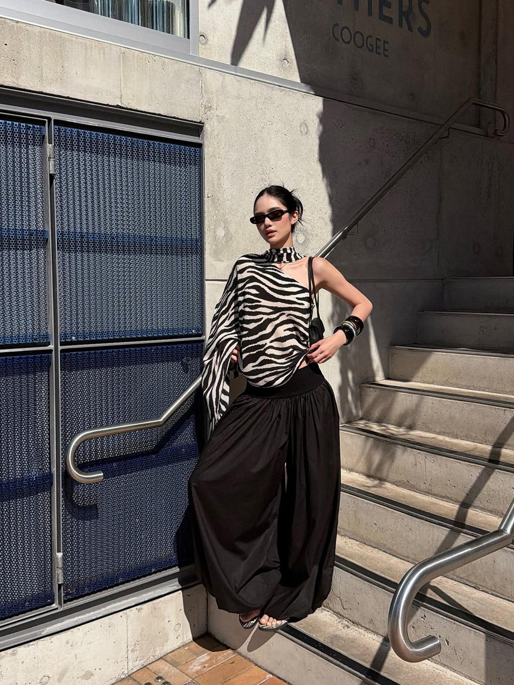 rovente Black White Zebra One Shoulder Cape Contrast Loose Women's Viscose Tunic Blouses