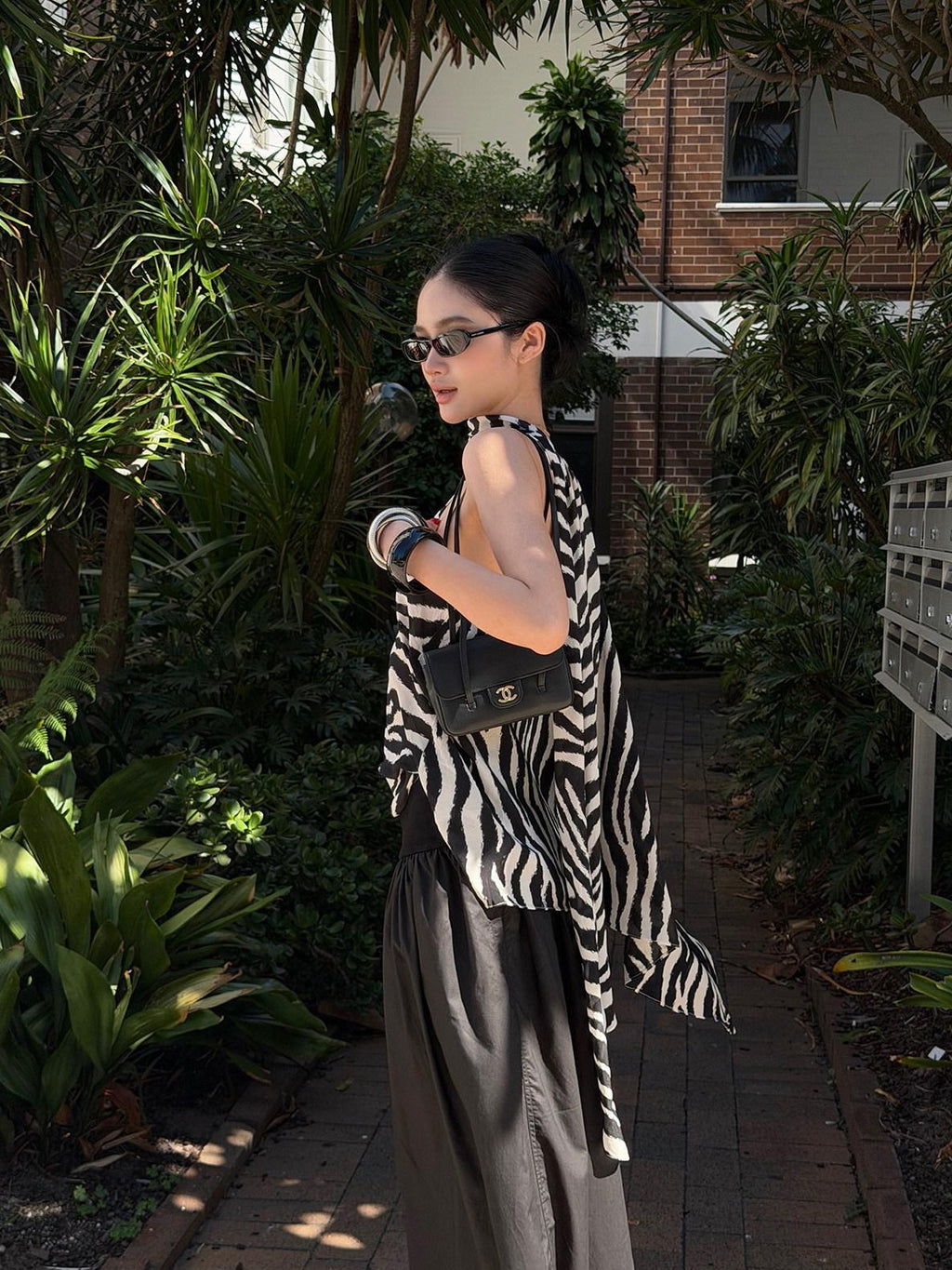 rovente Black White Zebra One Shoulder Cape Contrast Loose Women's Viscose Tunic Blouses