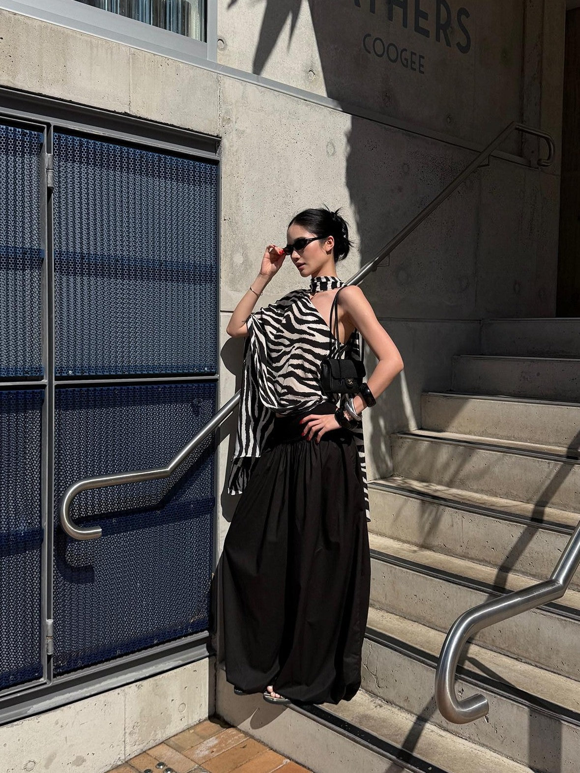 rovente Black White Zebra One Shoulder Cape Contrast Loose Women's Viscose Tunic Blouses