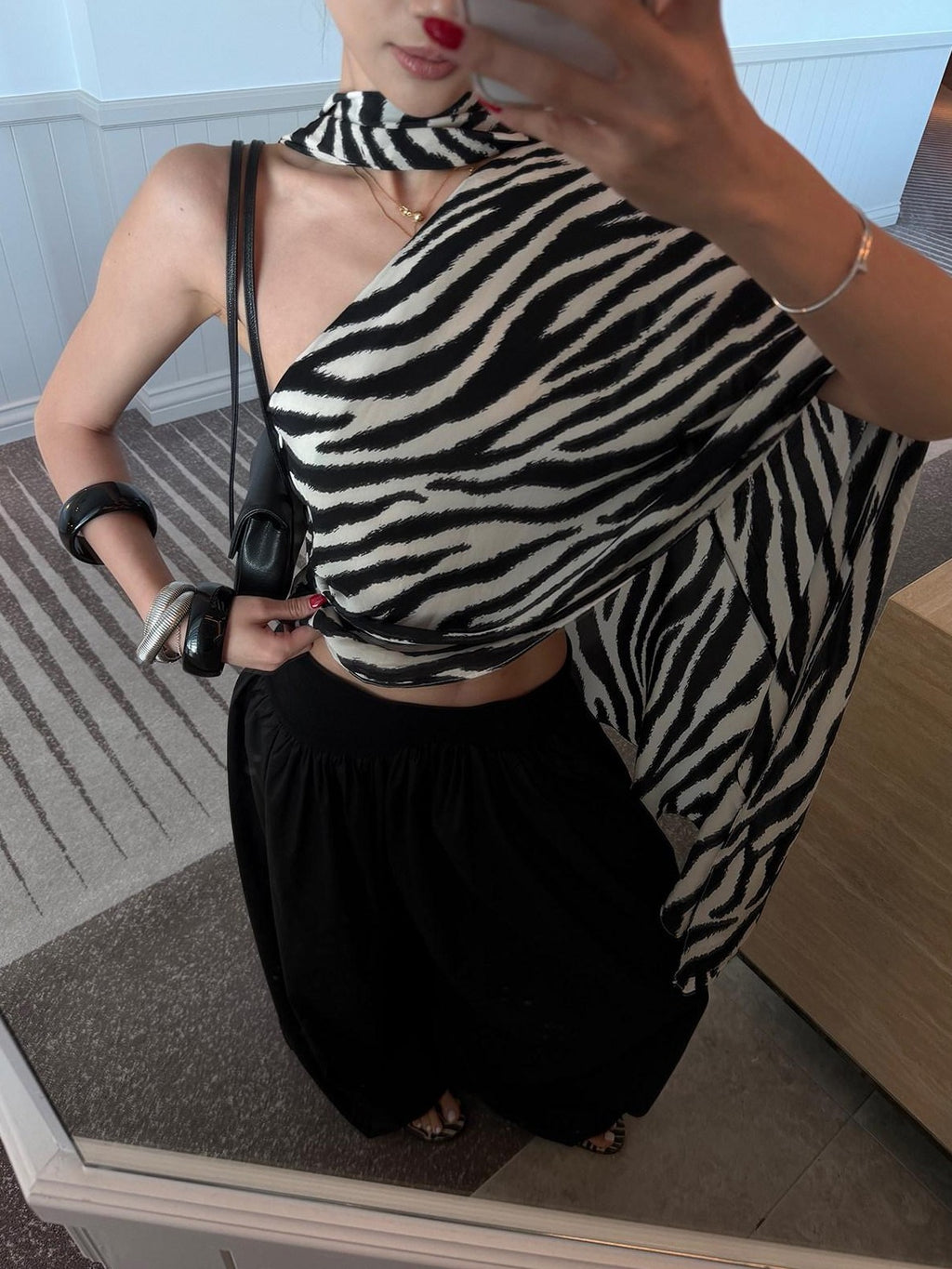 rovente Black White Zebra One Shoulder Cape Contrast Loose Women's Viscose Tunic Blouses