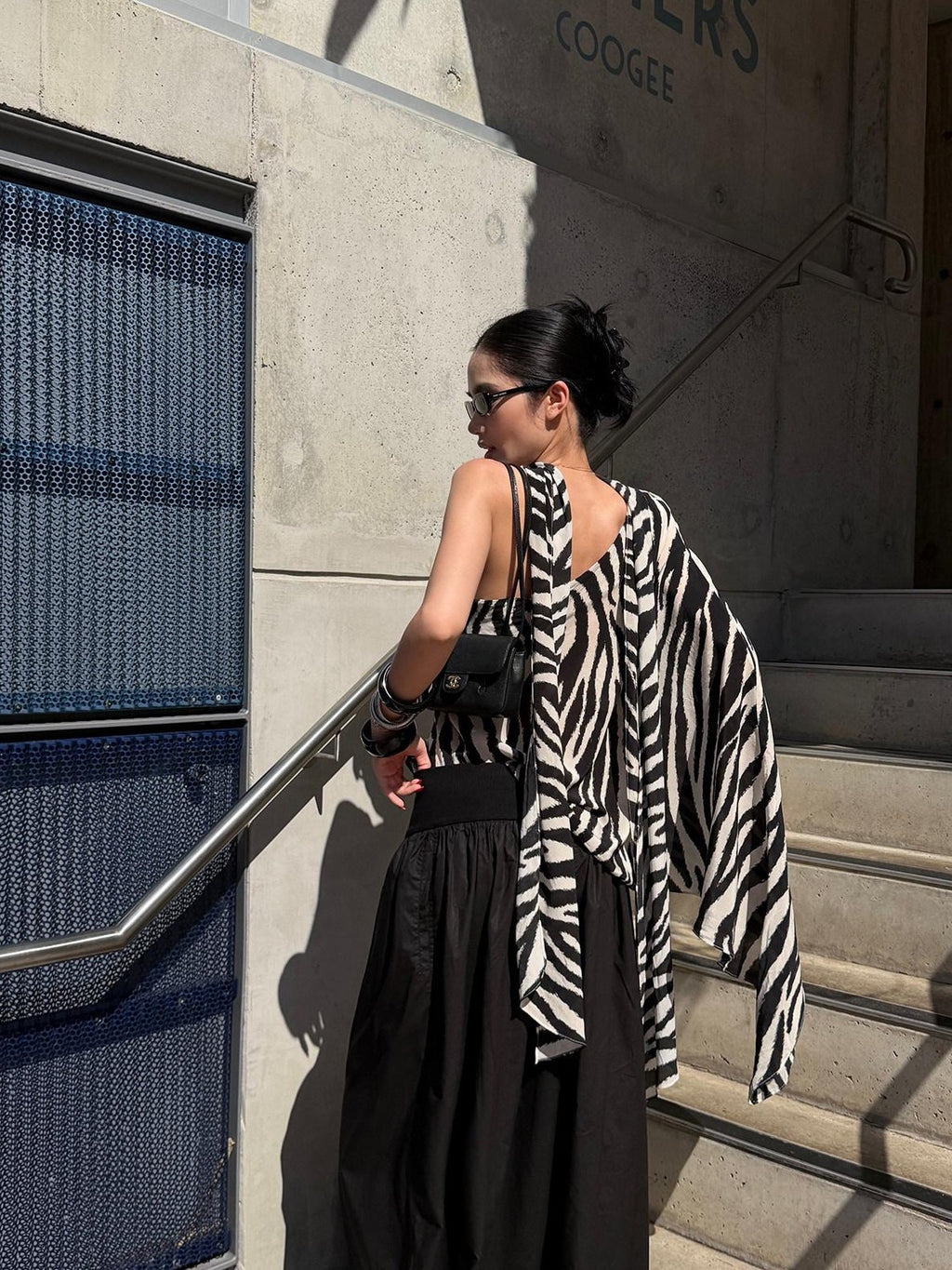 rovente Black White Zebra One Shoulder Cape Contrast Loose Women's Viscose Tunic Blouses