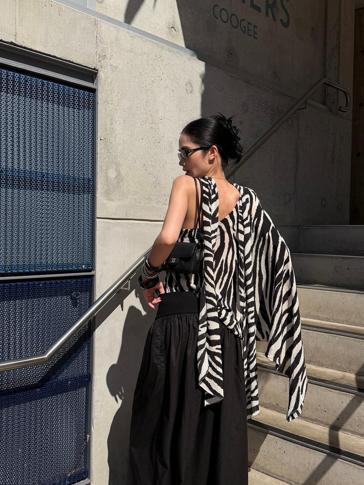 rovente Black White Zebra One Shoulder Cape Contrast Loose Women's Viscose Tunic Blouses