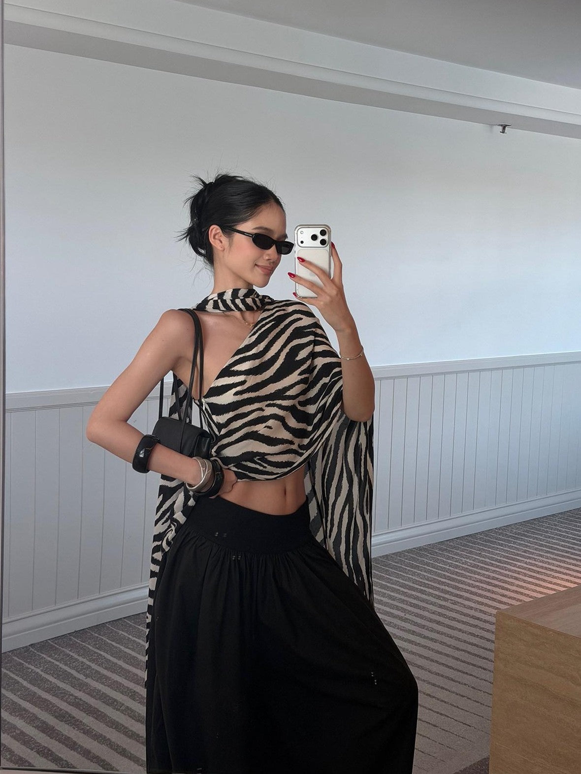 rovente Black White Zebra One Shoulder Cape Contrast Loose Women's Viscose Tunic Blouses