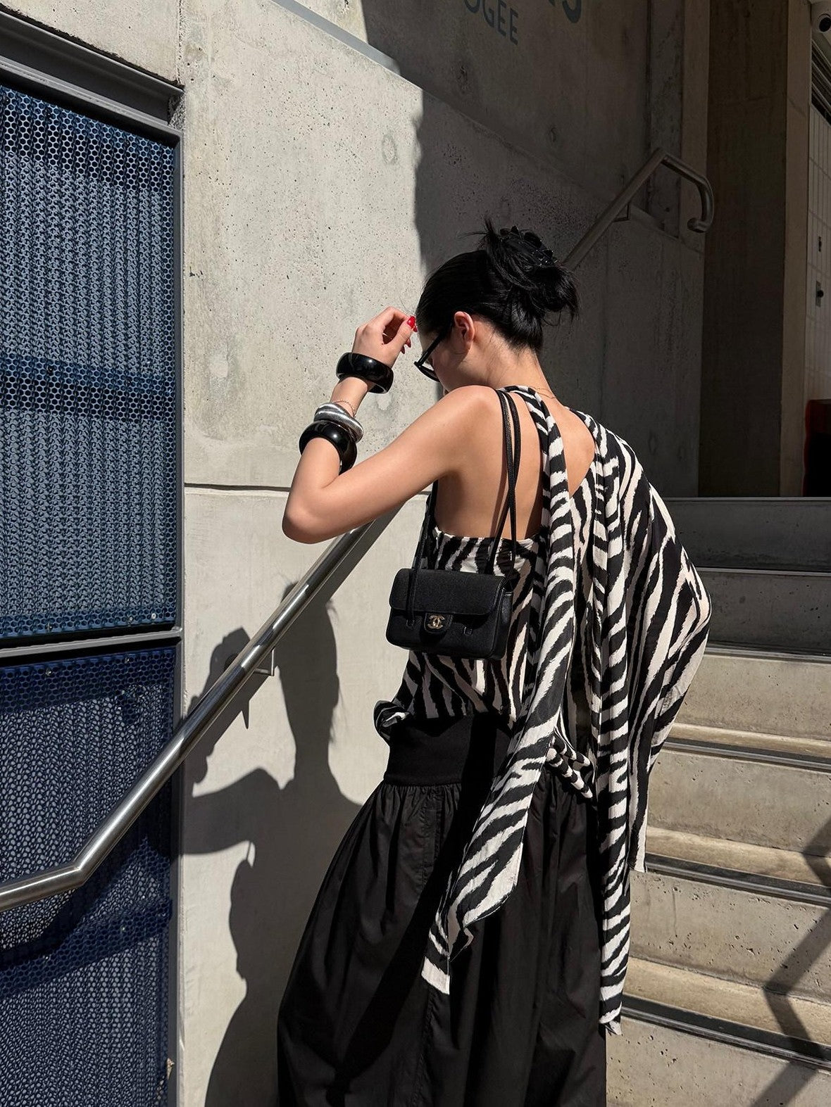 rovente Black White Zebra One Shoulder Cape Contrast Loose Women's Viscose Tunic Blouses