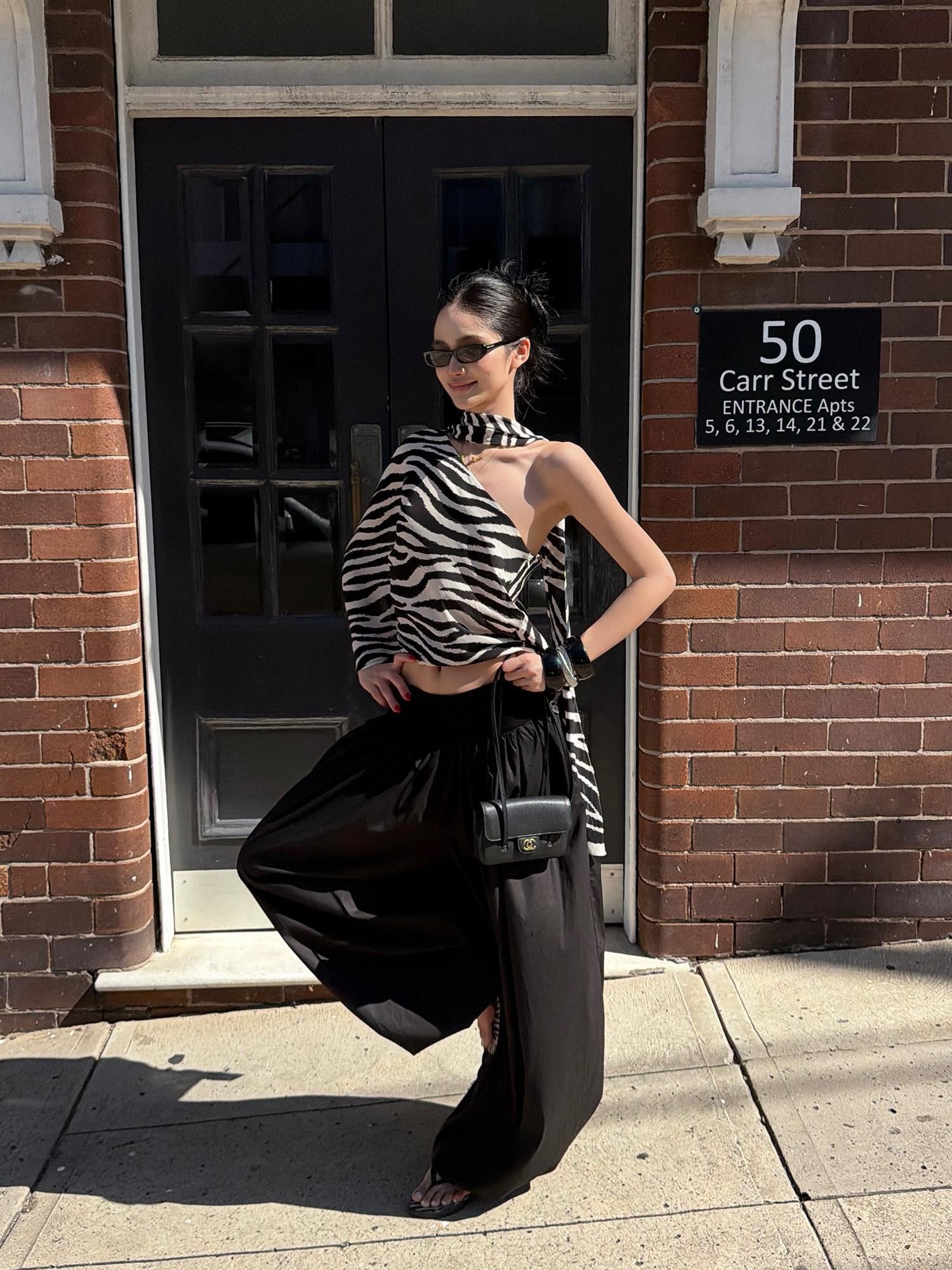 rovente Black White Zebra One Shoulder Cape Contrast Loose Women's Viscose Tunic Blouses