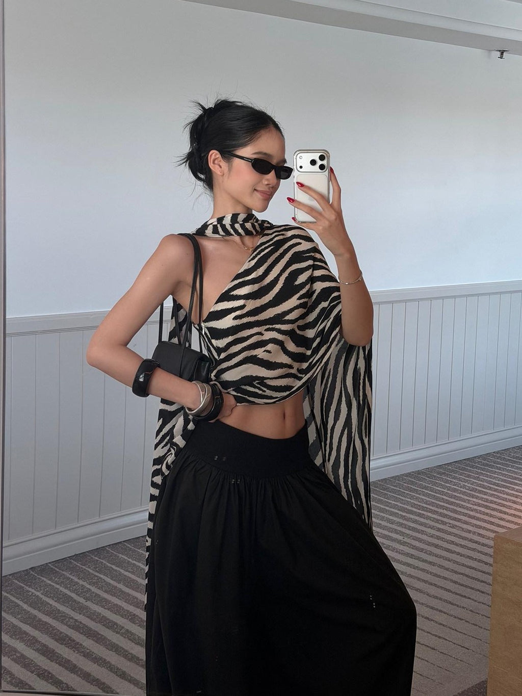 rovente Black White Zebra One Shoulder Cape Contrast Loose Women's Viscose Tunic Blouses