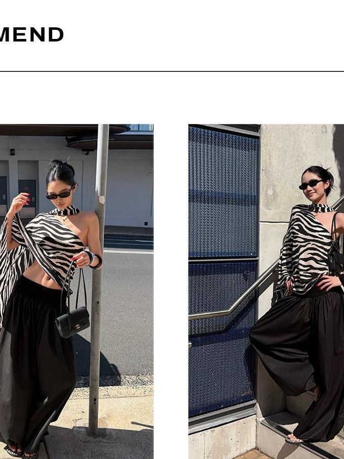 rovente Black White Zebra One Shoulder Cape Contrast Loose Women's Viscose Tunic Blouses