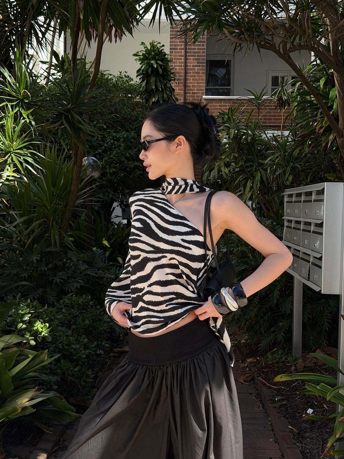 rovente Black White Zebra One Shoulder Cape Contrast Loose Women's Viscose Tunic Blouses