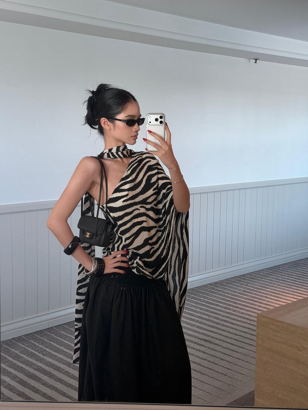 rovente Black White Zebra One Shoulder Cape Contrast Loose Women's Viscose Tunic Blouses