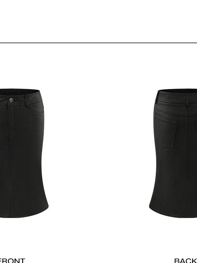 rovente Black Zipper Mid Waist Slim Fit Woven Lined Women's Cotton Blend Bodycon Skirts