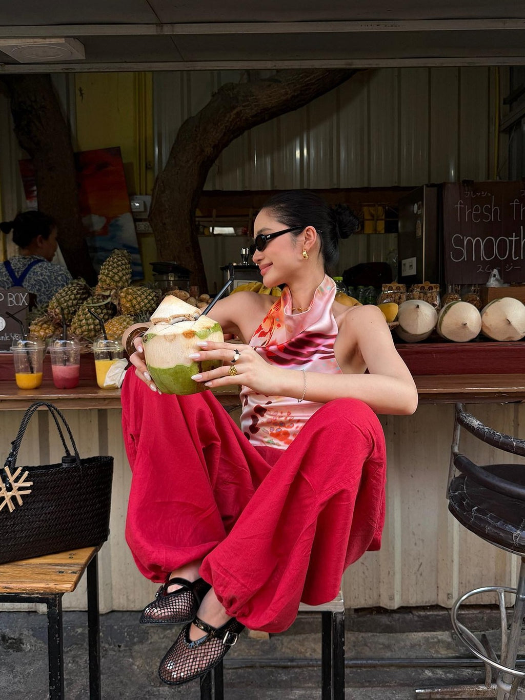 rovente Blazing Flame Print Red Cargo Utility Casual Loose Women's Linen Wide-leg Pants