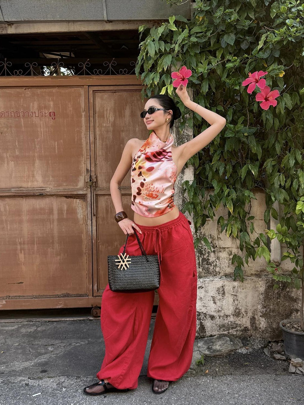 rovente Blazing Flame Print Red Cargo Utility Casual Loose Women's Linen Wide-leg Pants